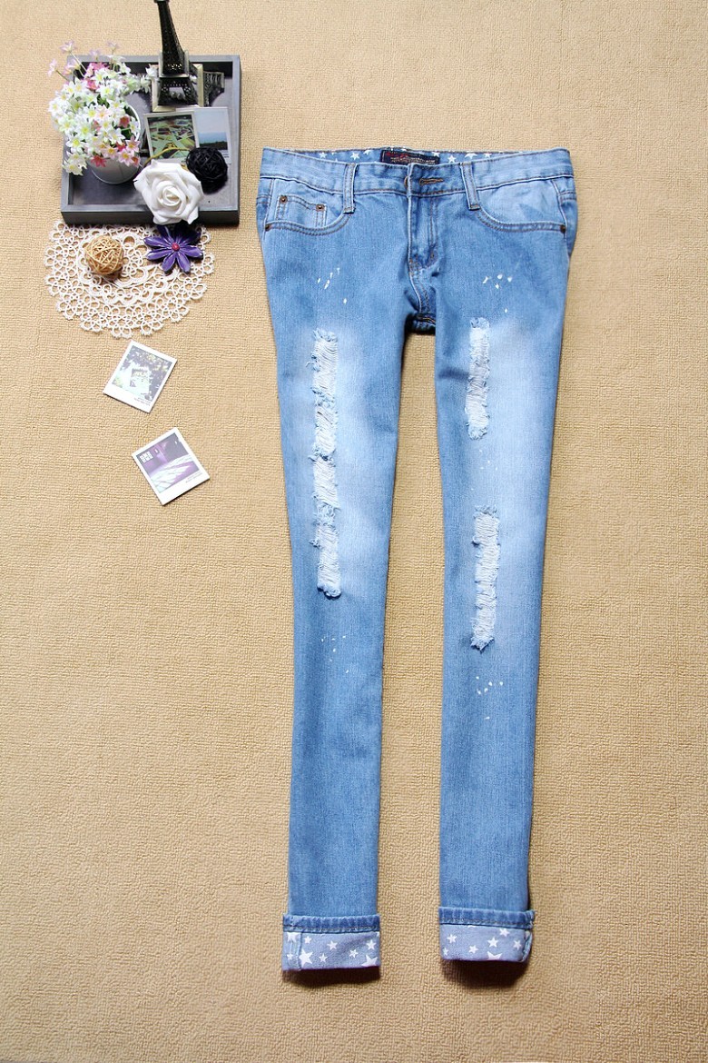 2013 spring fashion loose hole jeans trousers roll up hem casual pants jeans 3018