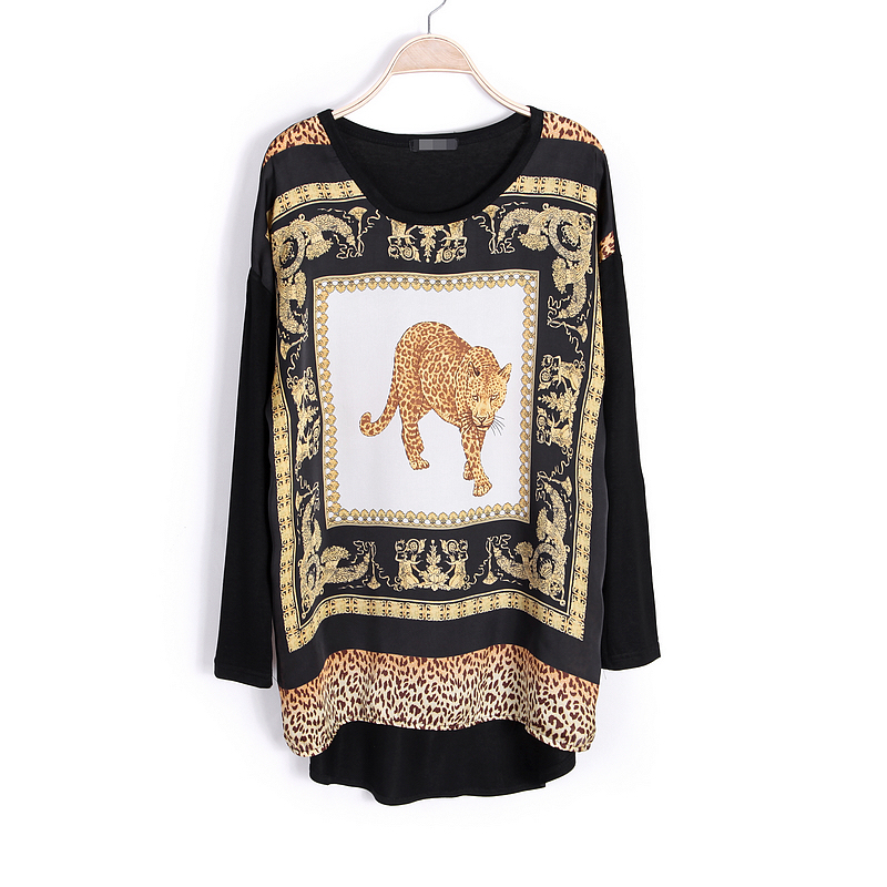 2013 spring fashion loose plus size medium-long batwing sleeve irregular leopard print chiffon shirt t-shirt free shipping