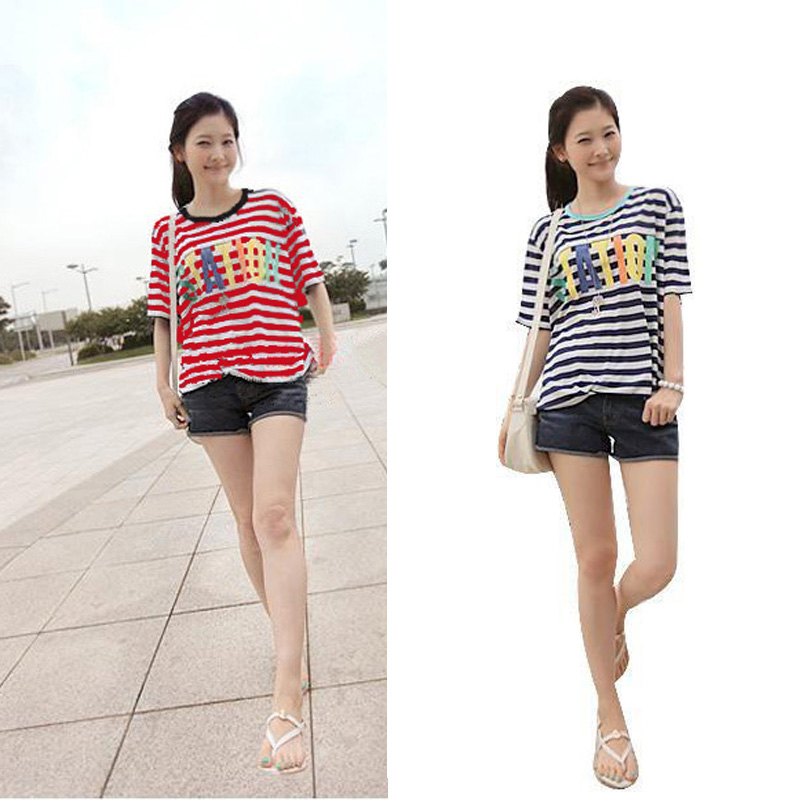 2013 spring fashion maternity clothing black and white stripe top chest letter t-shirt maternity short-sleeve