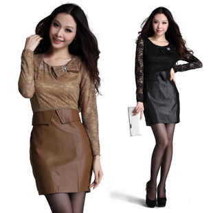 2013 spring fashion patchwork slim waist slim hip leather skirt slim long-sleeve lace chiffon one-piece dress women's