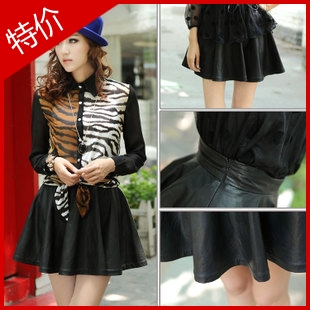 2013 spring fashion PU faux leather high waist pleated skirt short skirt leather skirt bust skirt female