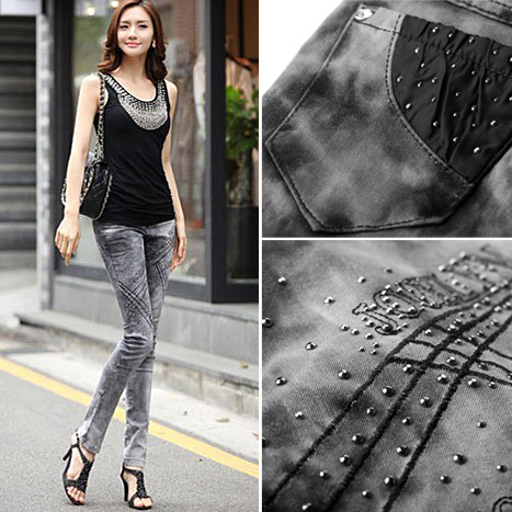 2013 spring fashion rhinestone women's slim decoration 64251 skinny denim pants