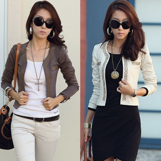 2013 spring fashion rivet bordered Women slim waist design long-sleeve short outerwear female