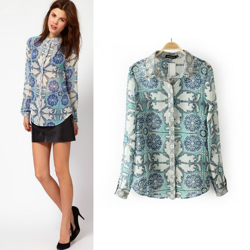 2013 spring fashion rivet turn-down collar print loose chiffon women's shirt