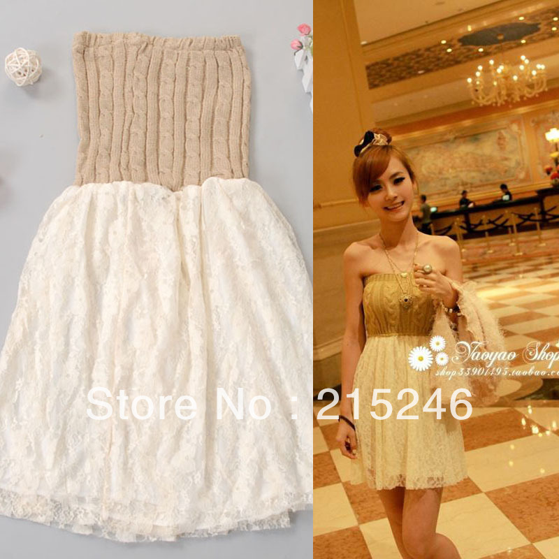 2013 spring fashion rough knitting yarn tube top dress lace skirt patchwork one-piece dress female