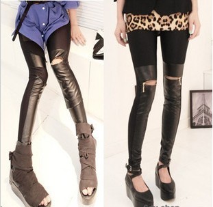 2013 spring fashion sexy all-match fashion zipper hole leather patchwork leather pants 9 legging