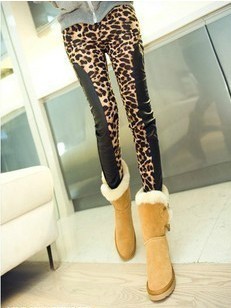 2013 spring fashion sexy leopard print leather patchwork slim 9 legging pants