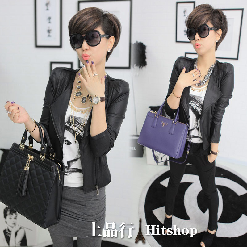 2013 spring fashion shoulder pads oblique zipper motorcycle serpentine fashion leather clothing