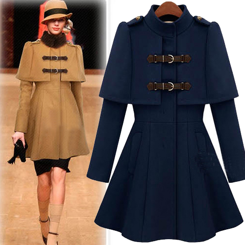 2013 spring fashion slim waist sweet elegant leather buckle on slim stand collar cape overcoat female