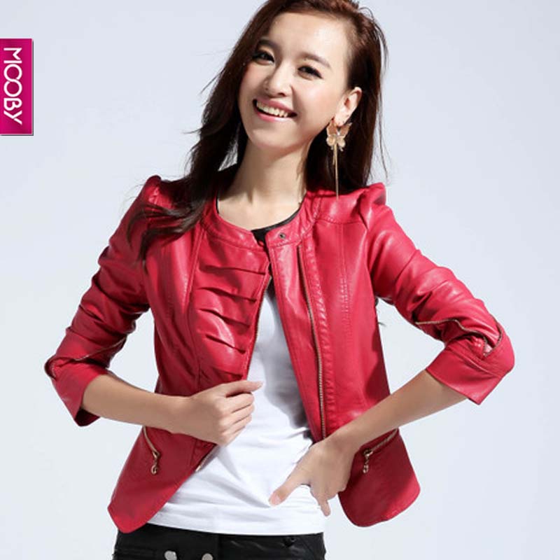 2013 spring fashion small leather clothing female short design slim o-neck PU motorcycle leather jacket outerwear plus size