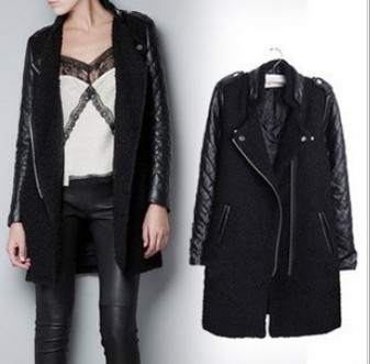 2013 Spring fashion small stand collar PU Leather Jackets epaulette patchwork sleeves zipper women's medium-long overcoat