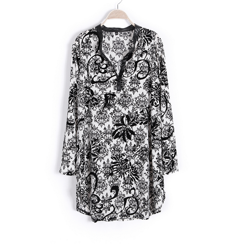 2013 spring fashion street black-and-white flowers loose plus size medium-long shirt one-piece dress free shipping