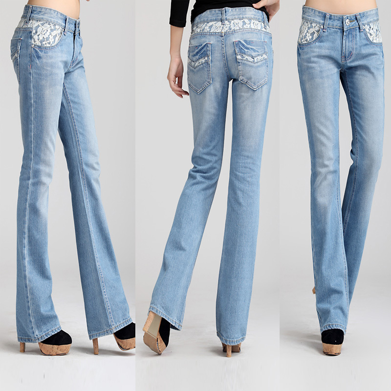 2013 spring fashion street lace water wash wearing white light blue big slim boot cut jeans female