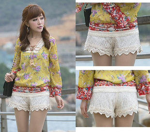 2013 spring fashion sweet new arrival hollow out lace flower all-match apricot shorts