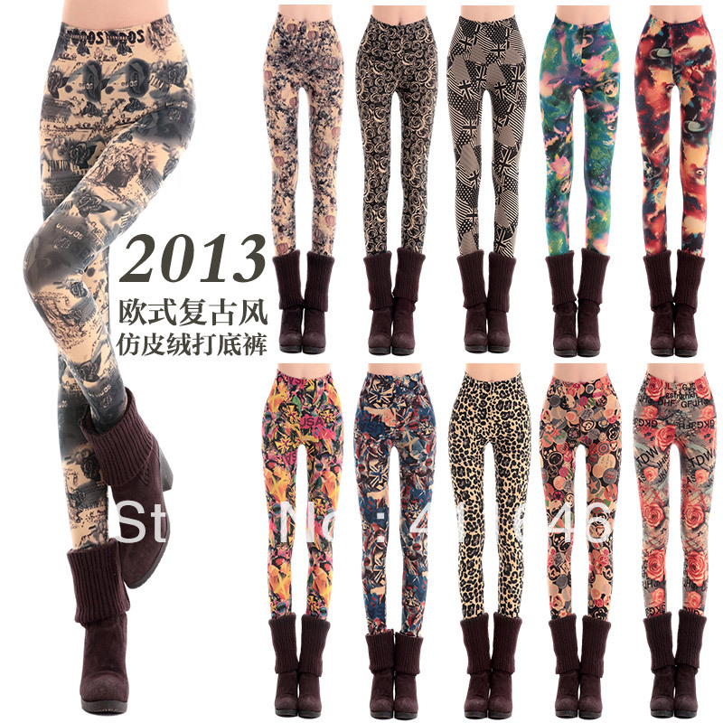 2013 spring fashion tie-dyeing faux leather velvet slim legging all-match elastic  trousers female pants