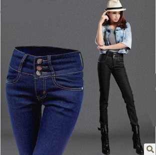 2013 Spring Fashion Woman Button High Waist Skinny Jeans Denim Pants Trousers for Female Plus Size