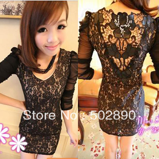 2013 spring fashion Women Chic  long-sleeve round neck lace dress  sexy slim Lace Short Mini Dress Casual OL Club dress