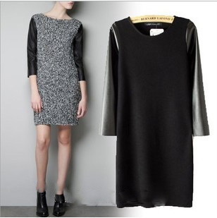 2013 Spring Fashion women Cotton PU Leather patchwork three quarter sleeve skinny  one-piece dress Balck/Grey QY13030124