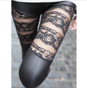 2013 spring fashion women's new arrival slim flower lace patchwork faux leather legging 8089