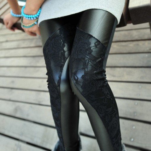 2013 Spring Fashion Womens Black Leather Pants Tights Sexy Fashion Patchwork Leggings Free Shipping