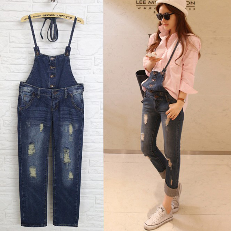 2013 spring female denim two ways suspenders trousers casual denim straight pants loose plus size jeans Free shipping