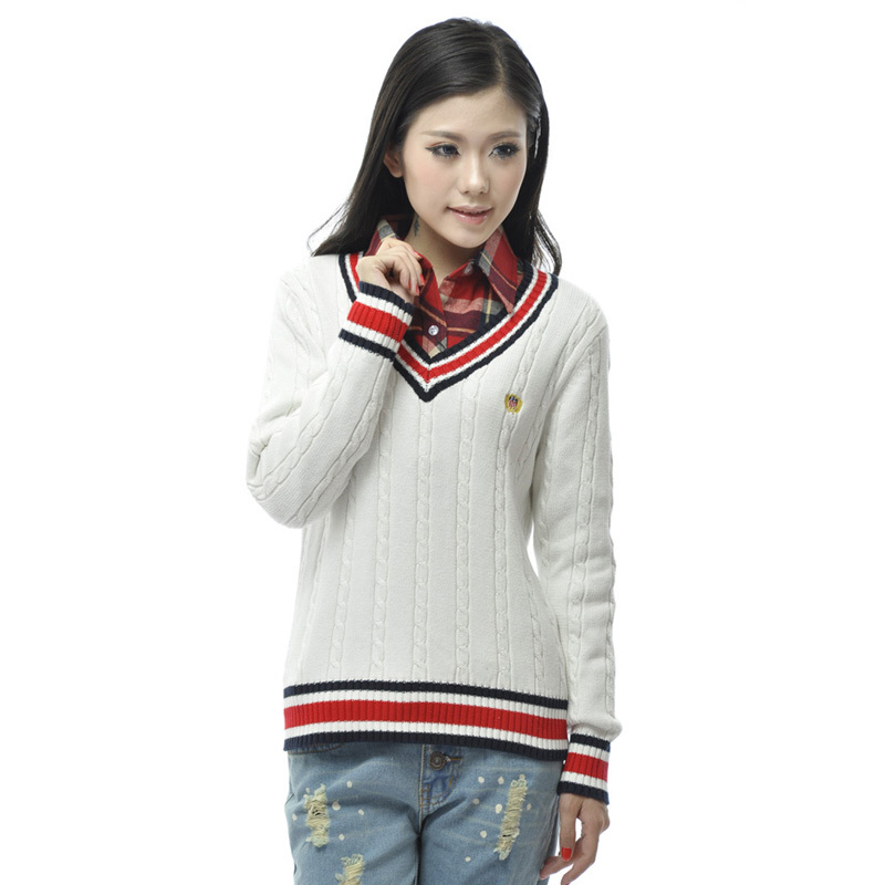 2013 spring female fashion preppy style twist sweater outerwear 100% V-neck thickening cotton pullover knitted sweater