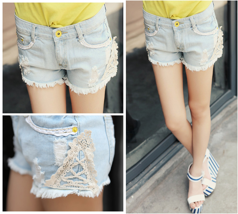 2013 spring female lace decoration denim shorts plus size loose straight high waist trousers hot