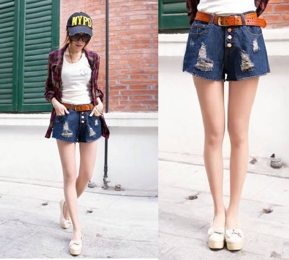 2013 spring female of buttons hole roll-up hem loose plus size basic high waist denim shorts boot cut jeans