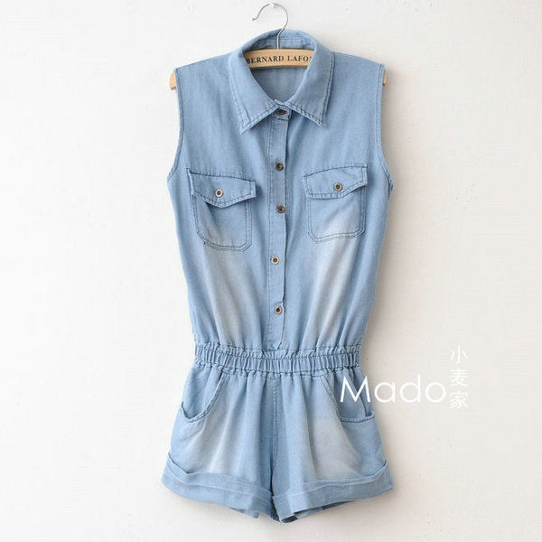 2013 spring female turn-down collar denim jumpsuit light color water wash denim blue sleeveless pocket one-piece shorts