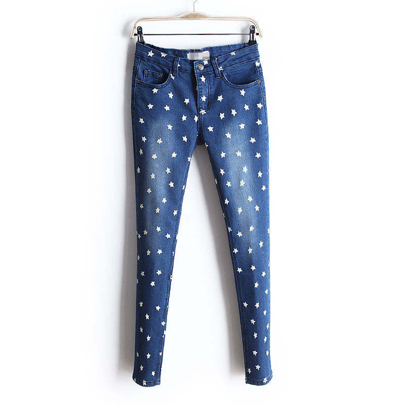 2013 spring five-pointed star jeans print casual pants skinny pants female wk1610