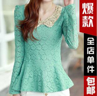 2013 spring formal elegant female peter pan collar long-sleeve lace slim basic shirt