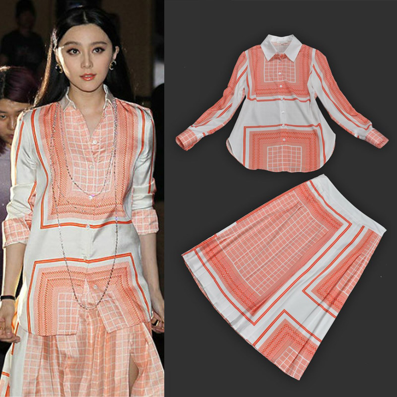 2013 spring fresh and elegant vintage national geometry trend fine plaid orange white skirt set