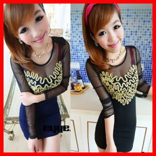 2013 spring gauze patchwork tube top perspectivity slim long-sleeve basic slim hip sexy one-piece dress