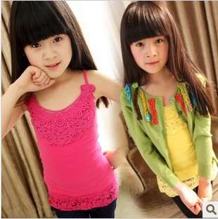 2013 spring girls clothing cutout crochet candy color elastic spaghetti strap top basic shirt top child