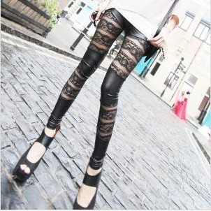 2013 spring high quality lace rose faux leather pants horizontal stripe patchwork ankle length legging female spring and autumn