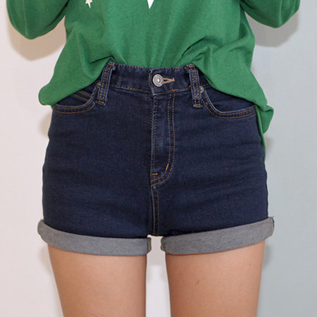 2013 spring high waist denim shorts roll-up hem loose plus size female denim blue