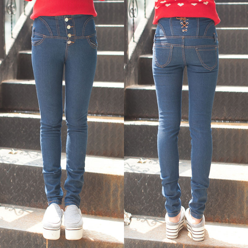 2013 spring high waist jeans female elastic denim skinny pants buttons trousers all-match