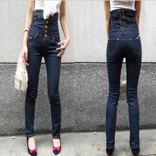 2013 spring high waist jeans female high waist pencil pants skinny pants jumpsuit single breasted free shipping