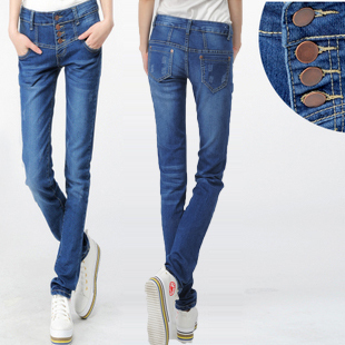 2013 spring high waist jeans female pants skinny denim buttons zipper trousers women's