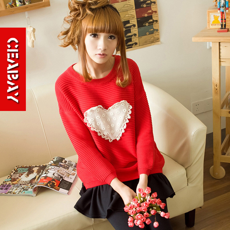 2013 spring honey sisters equipment loose plus size batwing sleeve love knitted sweater female