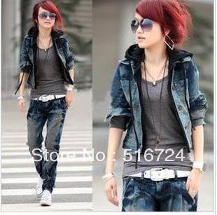 2013 spring hooded faux two piece denim outerwear zipper short design denim coat top female