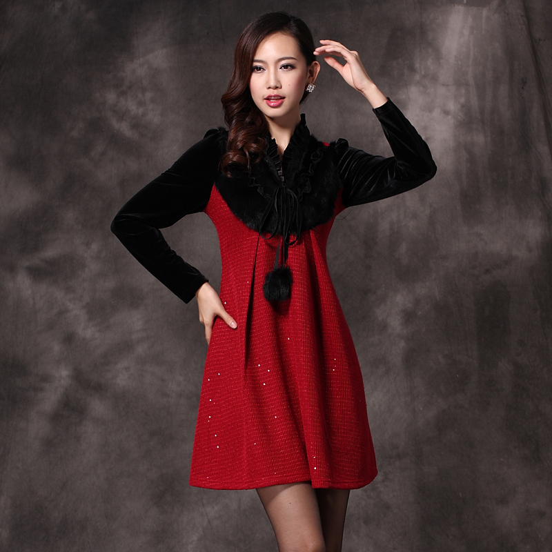 2013 spring hot-selling fashion OL outfit leather cape hare wool velvet long-sleeve slim one-piece dress elegant luxury