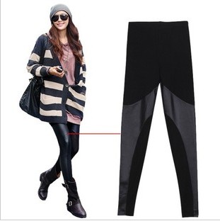 2013 spring hot-selling faux leather black cotton patchwork legging cotton patchwork leather pants ankle length trousers