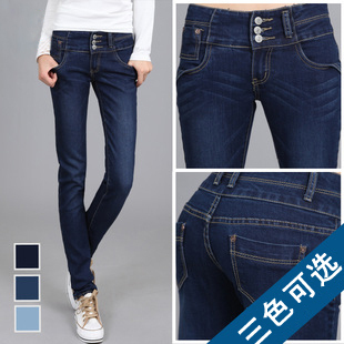 2013 spring jeans female plus size elastic blue buttons pencil pants