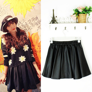 2013 spring kaki vintage leather skirt pleated belts high waist leather skirt short skirt