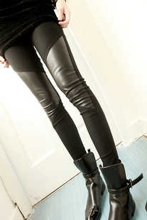 2013 spring knee irregular faux leather patchwork cotton basic all-match pants female