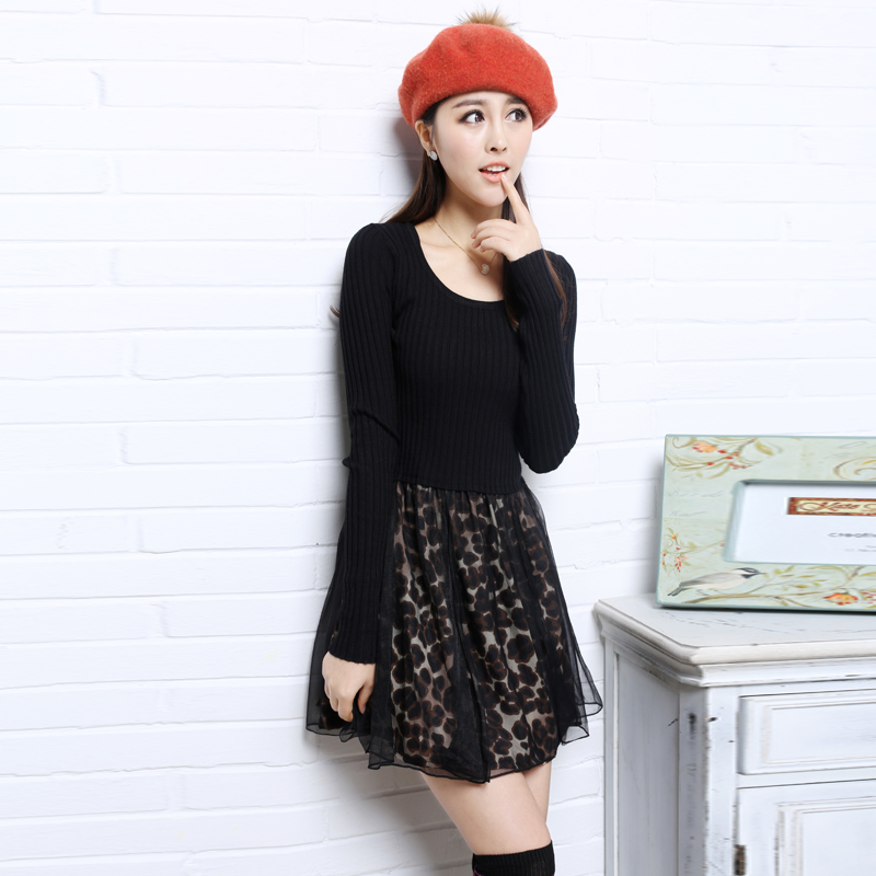 2013 spring knitted gauze patchwork leopard print one-piece dress medium-long princess dress short skirt slim