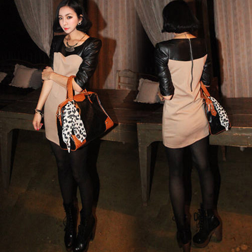 2013 spring knitted leather vintage slim o-neck black female one-piece dress basic skirt