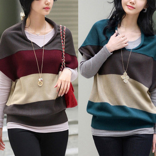 2013 spring knitted vest basic stripe shirt sweater V-neck plus size batwing loose type