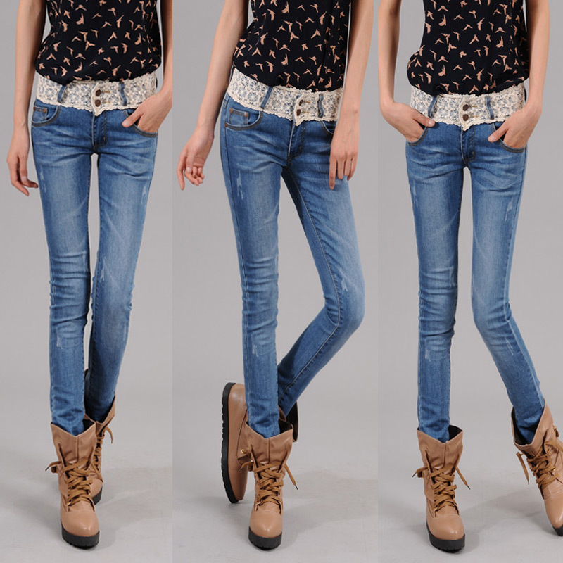 2013 spring lace decoration elastic jeans trousers female skinny pants plus size